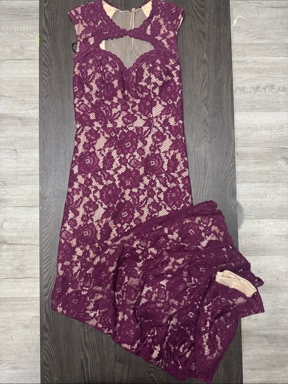 Xscape Plum Lace Cutout long Dress